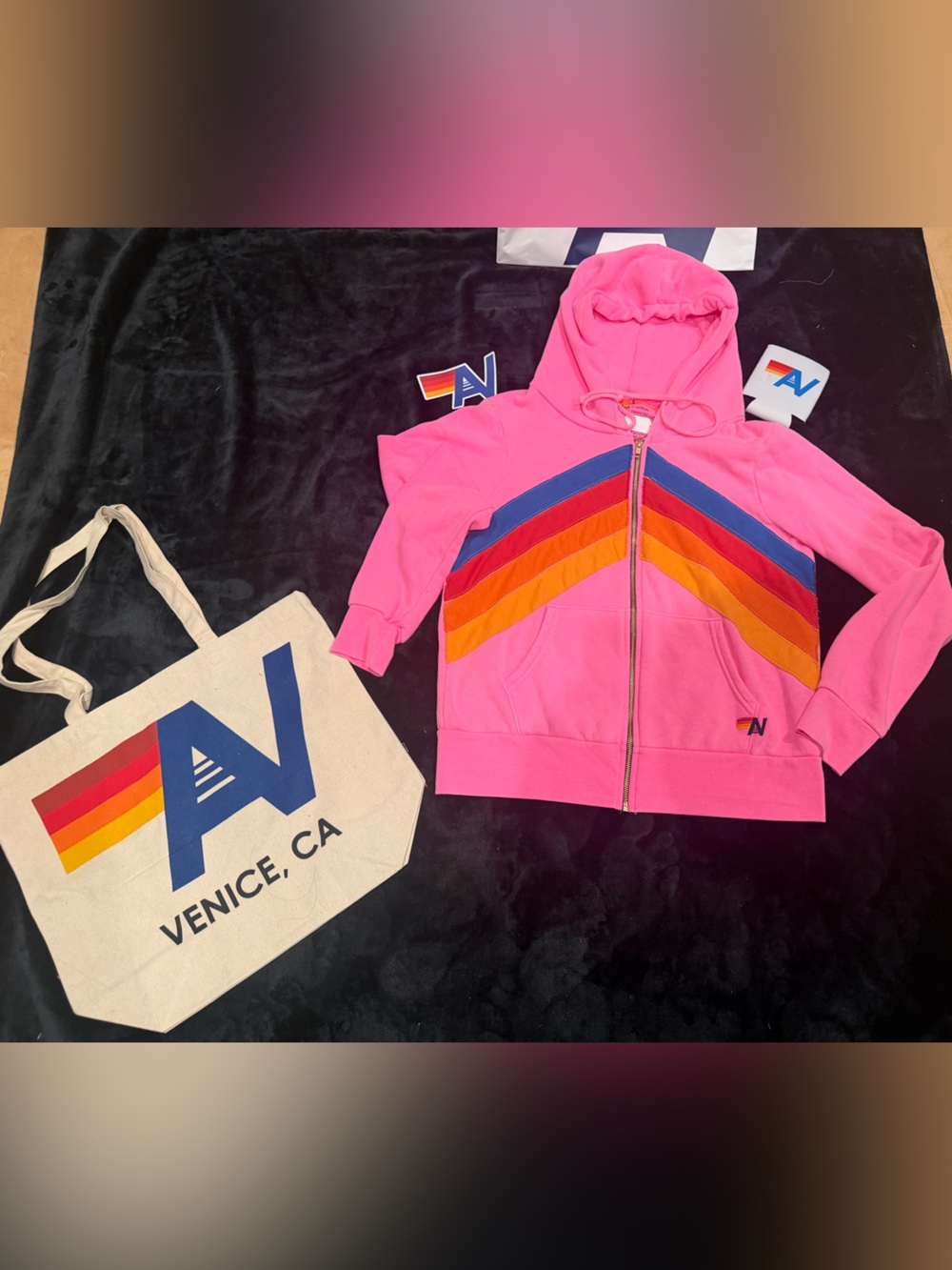 - NWT Aviator Nation Chevron Zip Hoodie Neon Pink Small + Tote bag